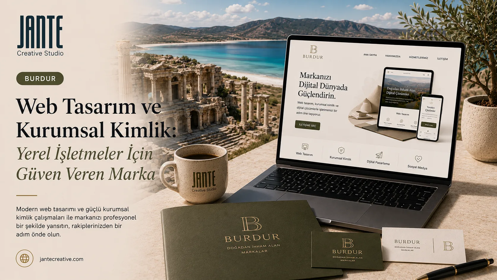 Burdur web tasarım ve kurumsal kimlik — Salda Gölü ve Sagalassos antik kenti manzarası önünde, yerel bir marka için tasarlanmış web sitesini gösteren dizüstü bilgisayar ile kurumsal kimlik baskıları (Jante Creative)